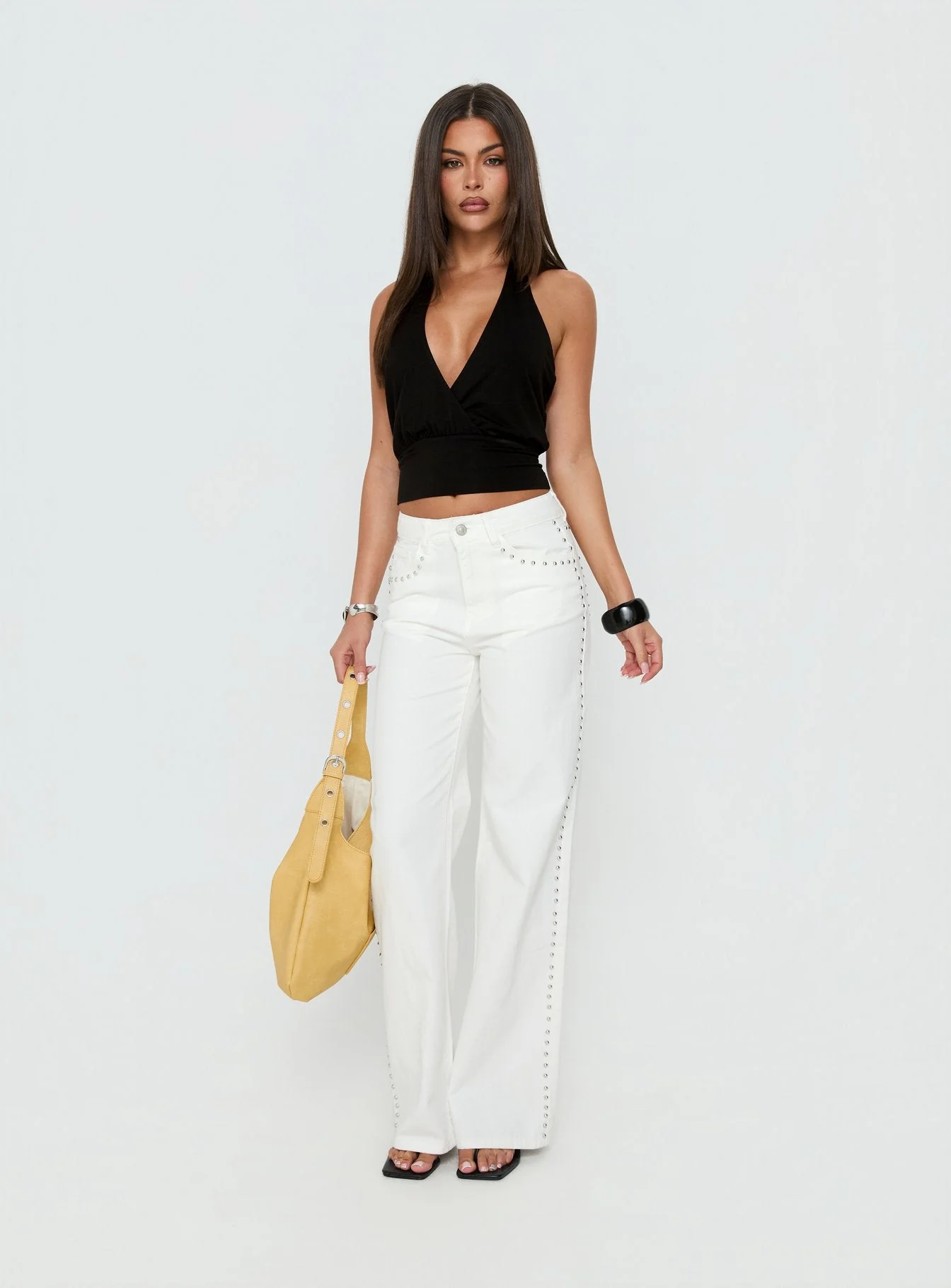 Saving Up Mid Rise Straight Leg Studded Jeans White - Image 3
