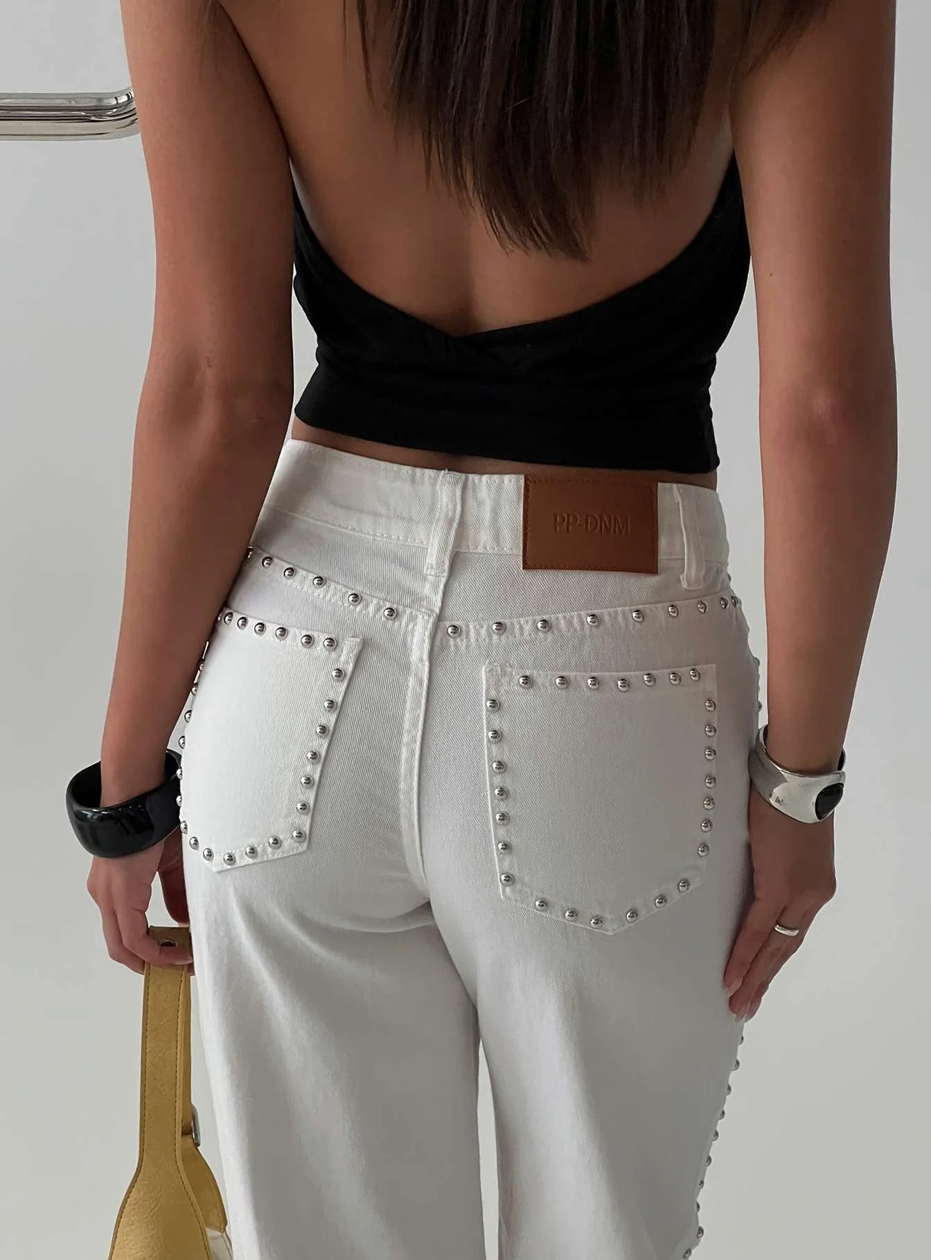 Saving Up Mid Rise Straight Leg Studded Jeans White - Image 9