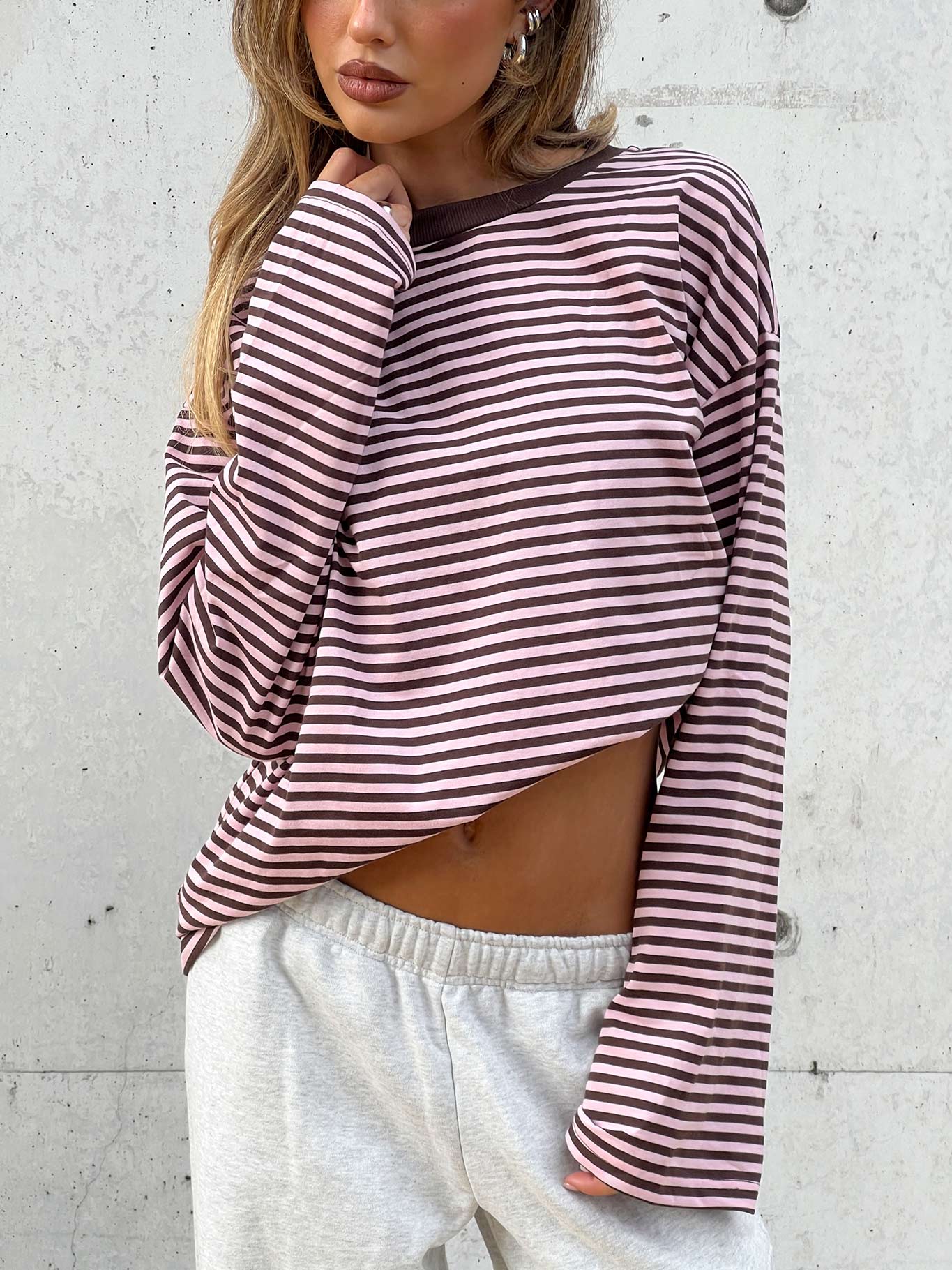 Settle Down Long Sleeve Top Pink / Brown Stripe - Image 10