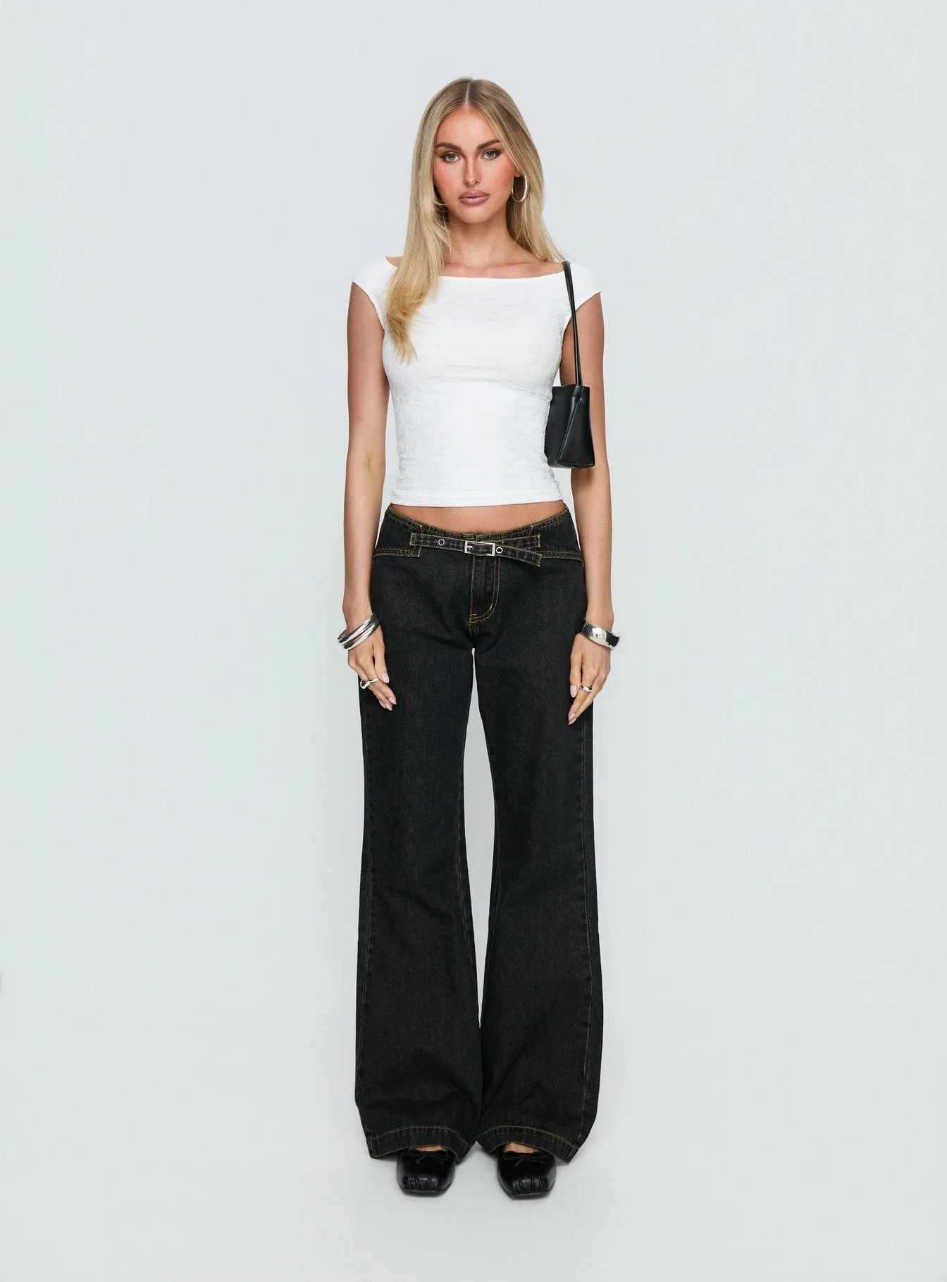 Slow Ride Mid Rise Bootleg Belted Jeans Grunge Wash - Image 7