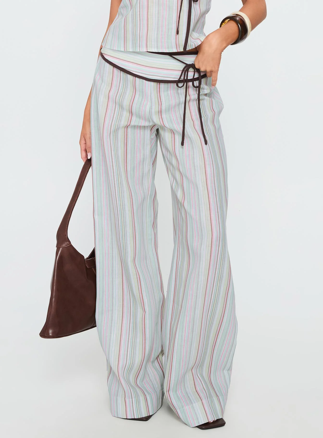 Taylar Thick Waistband Tie Trousers Green Stripe - Image 2