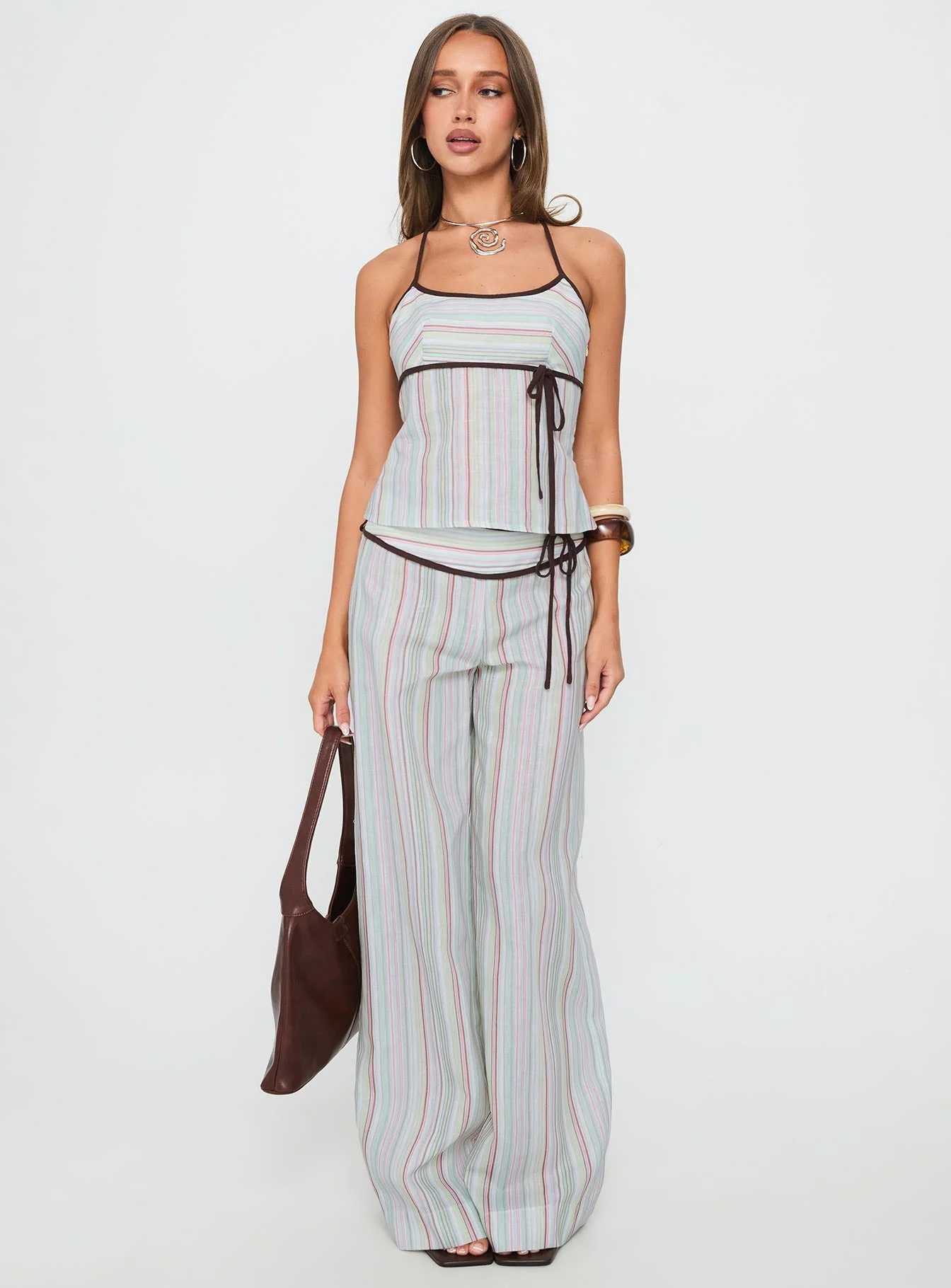 Taylar Thick Waistband Tie Trousers Green Stripe - Image 3