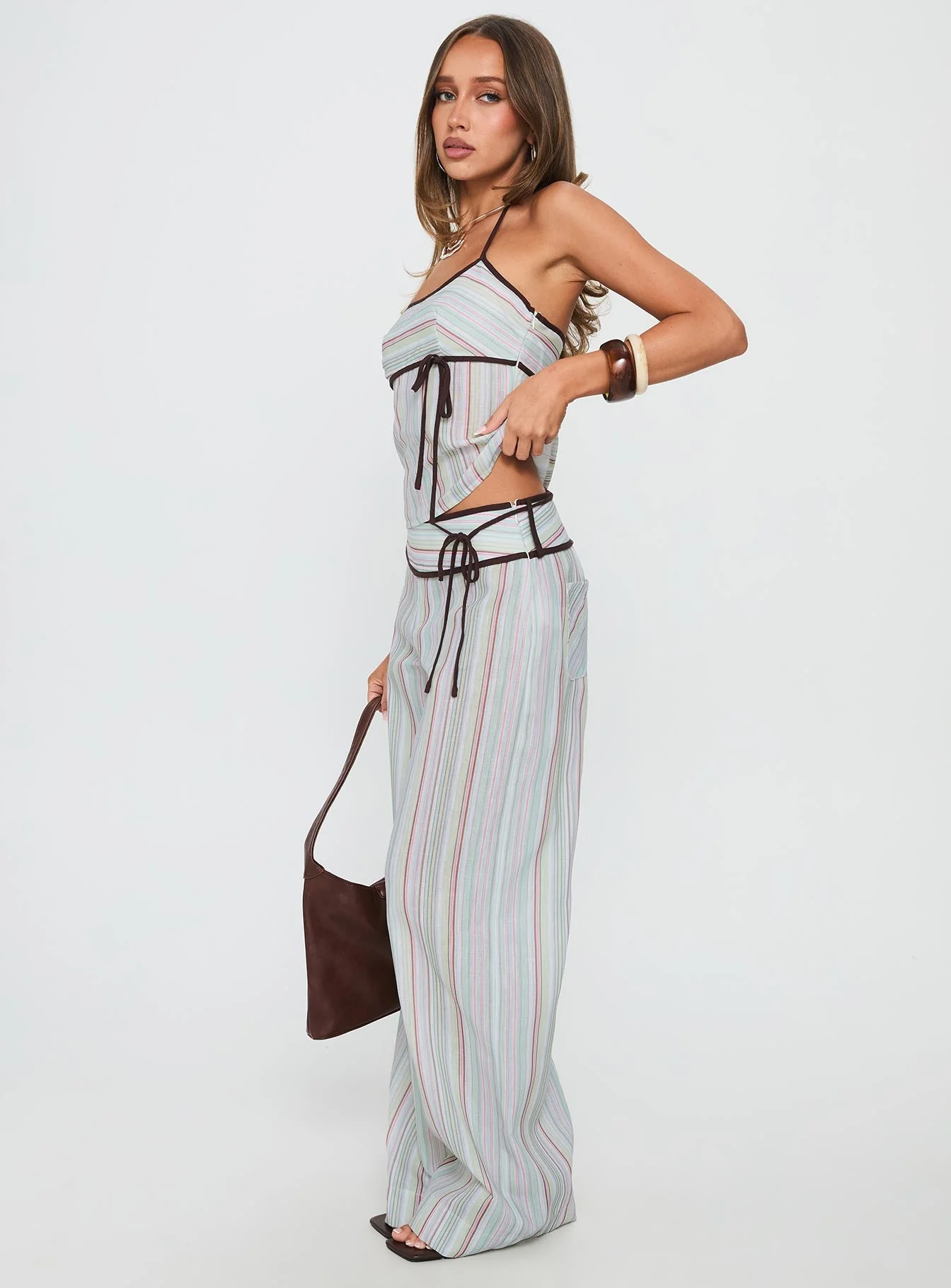 Taylar Thick Waistband Tie Trousers Green Stripe - Image 4