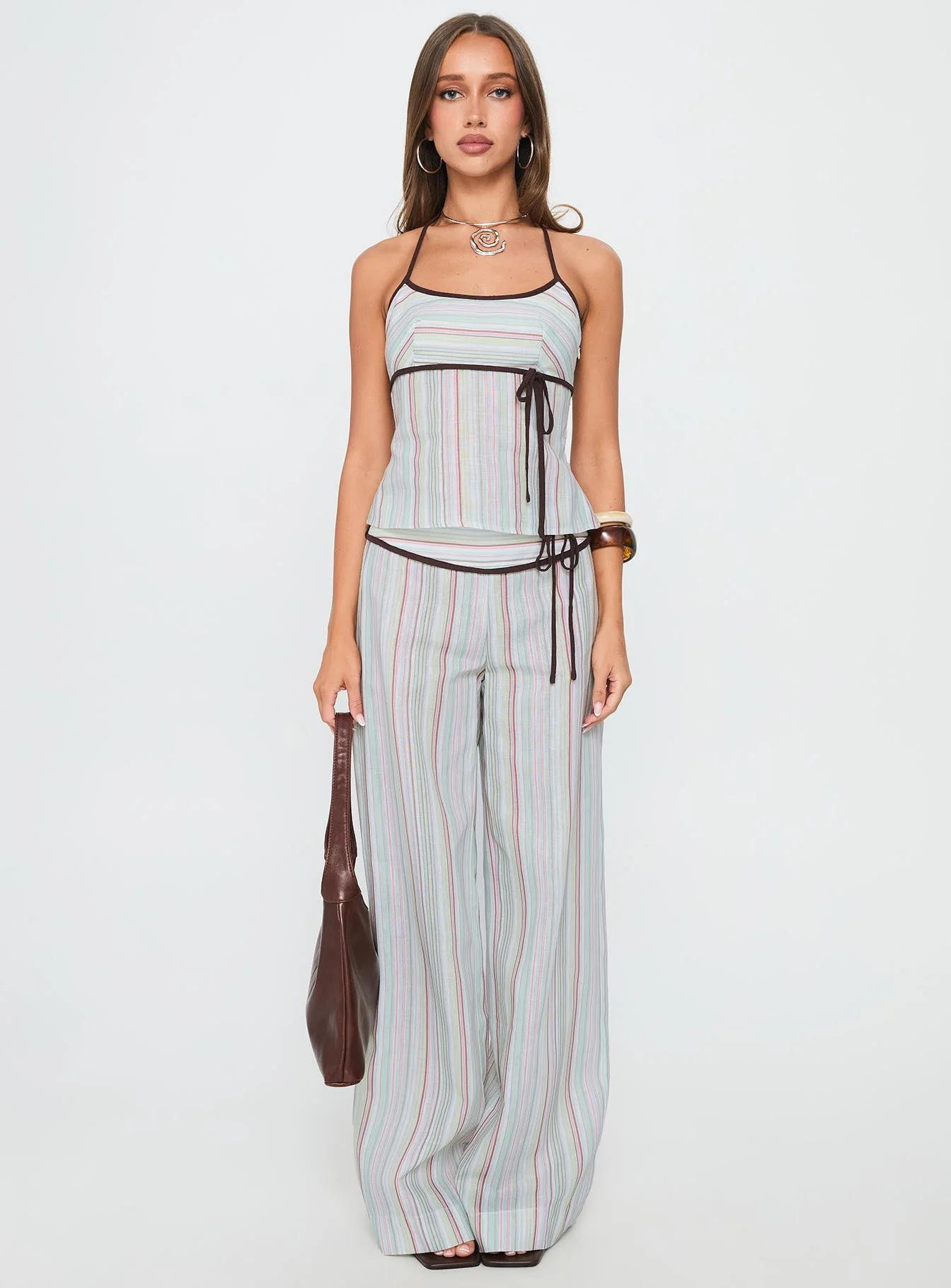 Taylar Thick Waistband Tie Trousers Green Stripe - Image 7