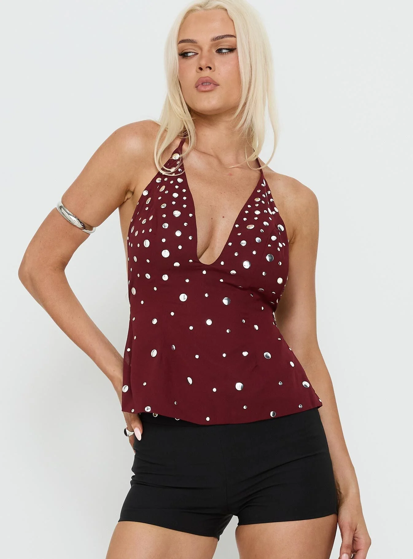 Tekapo Studded V-Neck Top Burgundy - Image 7
