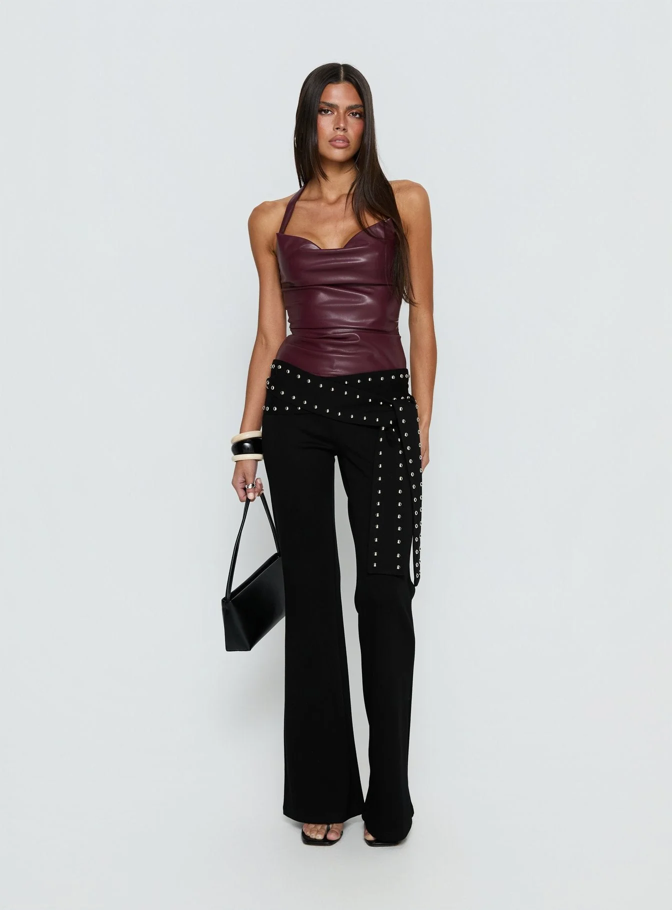 Thunderbolt Faux Leather Cowl Neck Top Plum - Image 3