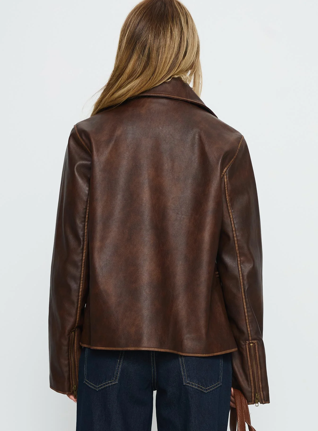 Vyolette Faux Leather Collared Jacket Washed Brown - Image 5