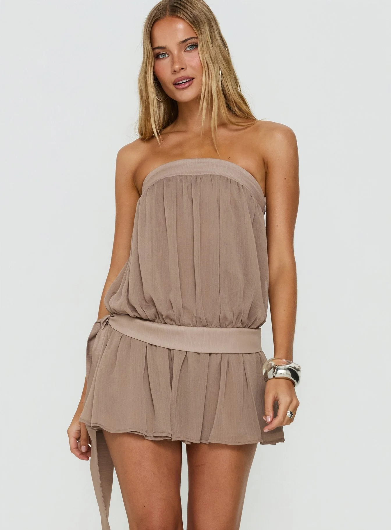 We Belong Together Strapless Blouson Mini Dress Mushroom - Image 2