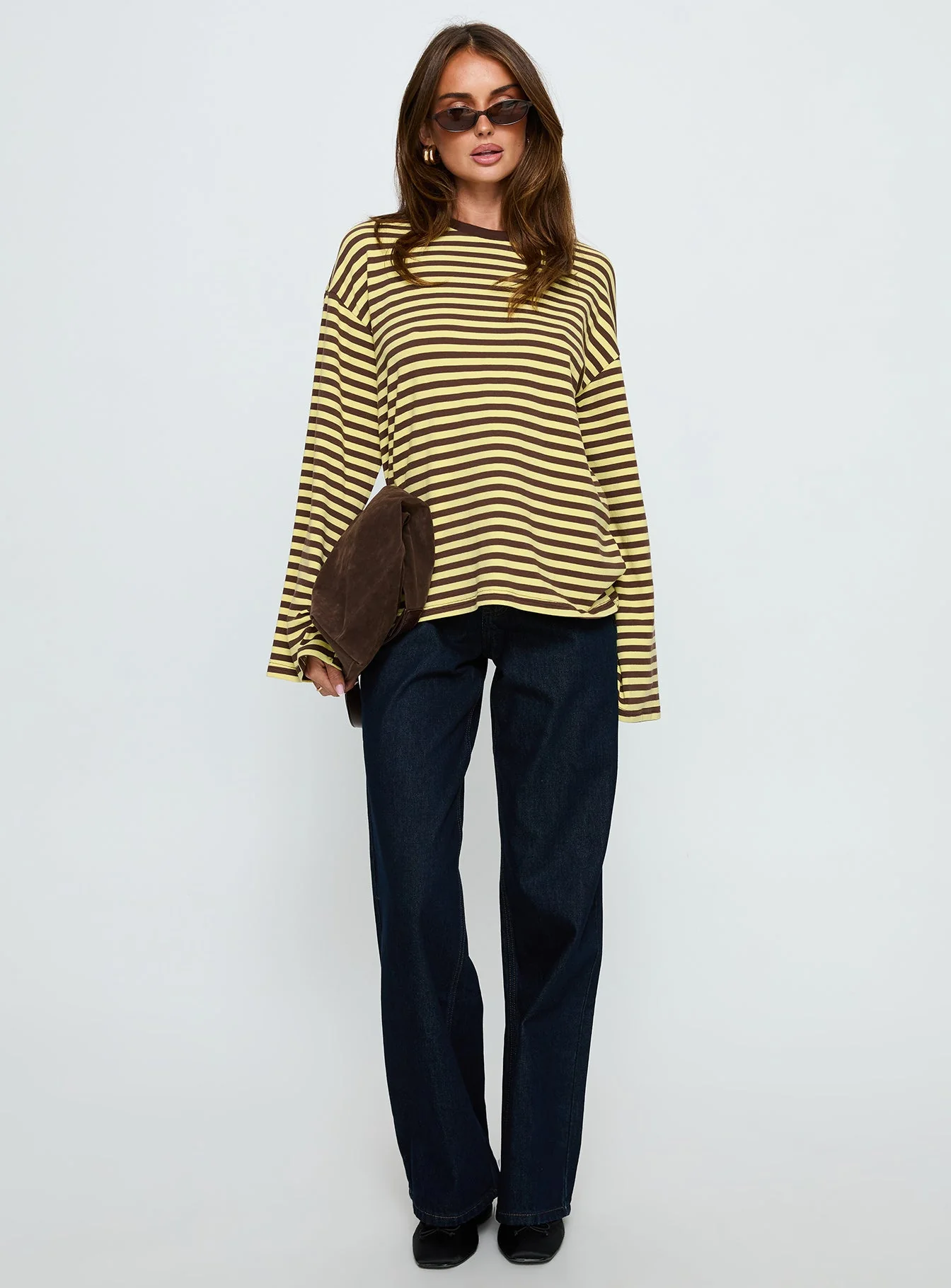Settle Down Long Sleeve Top Yellow / Brown Stripe - Image 3