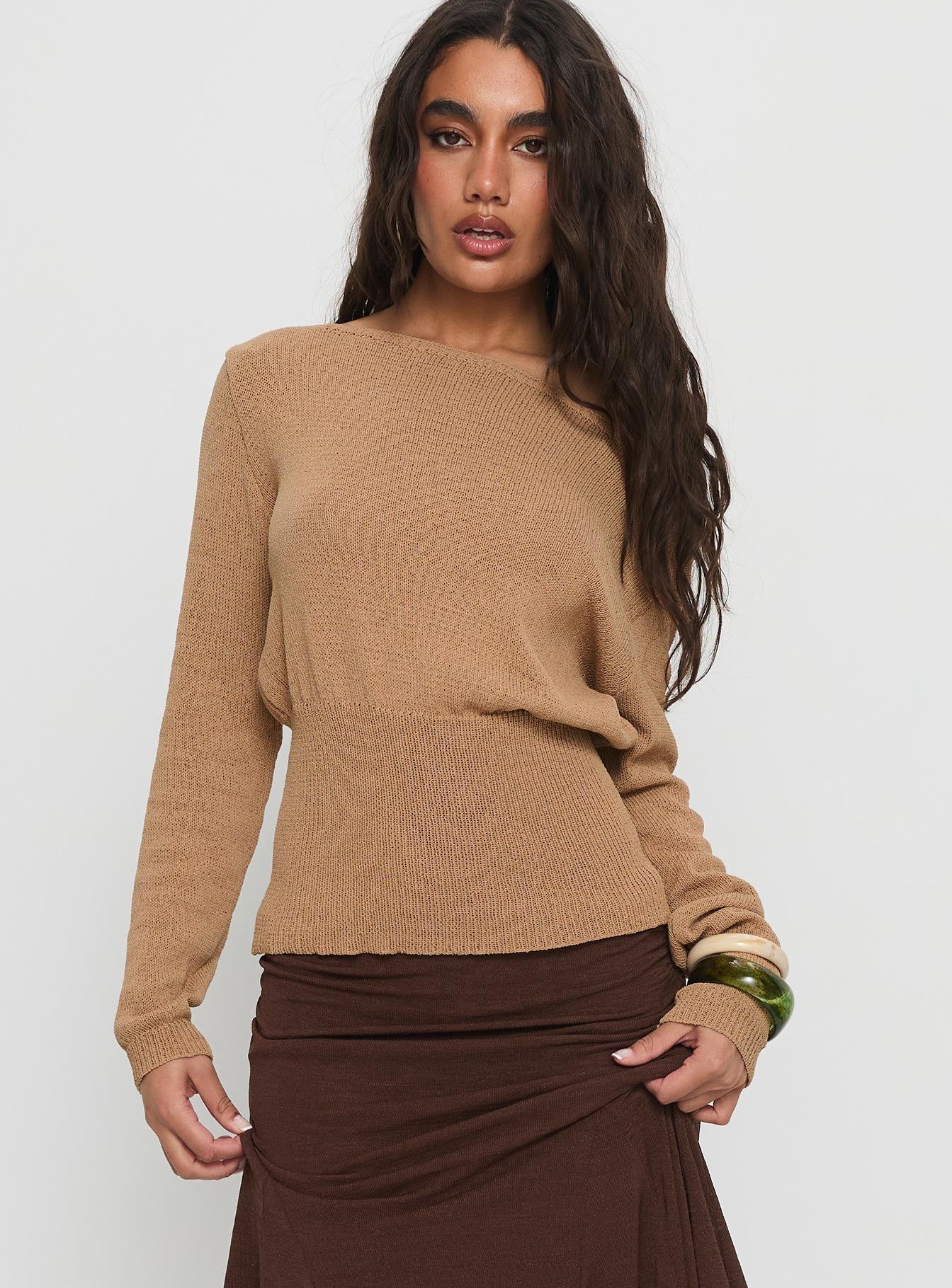 Xaria Off Shoulder Knit Jumper Tan - Image 2