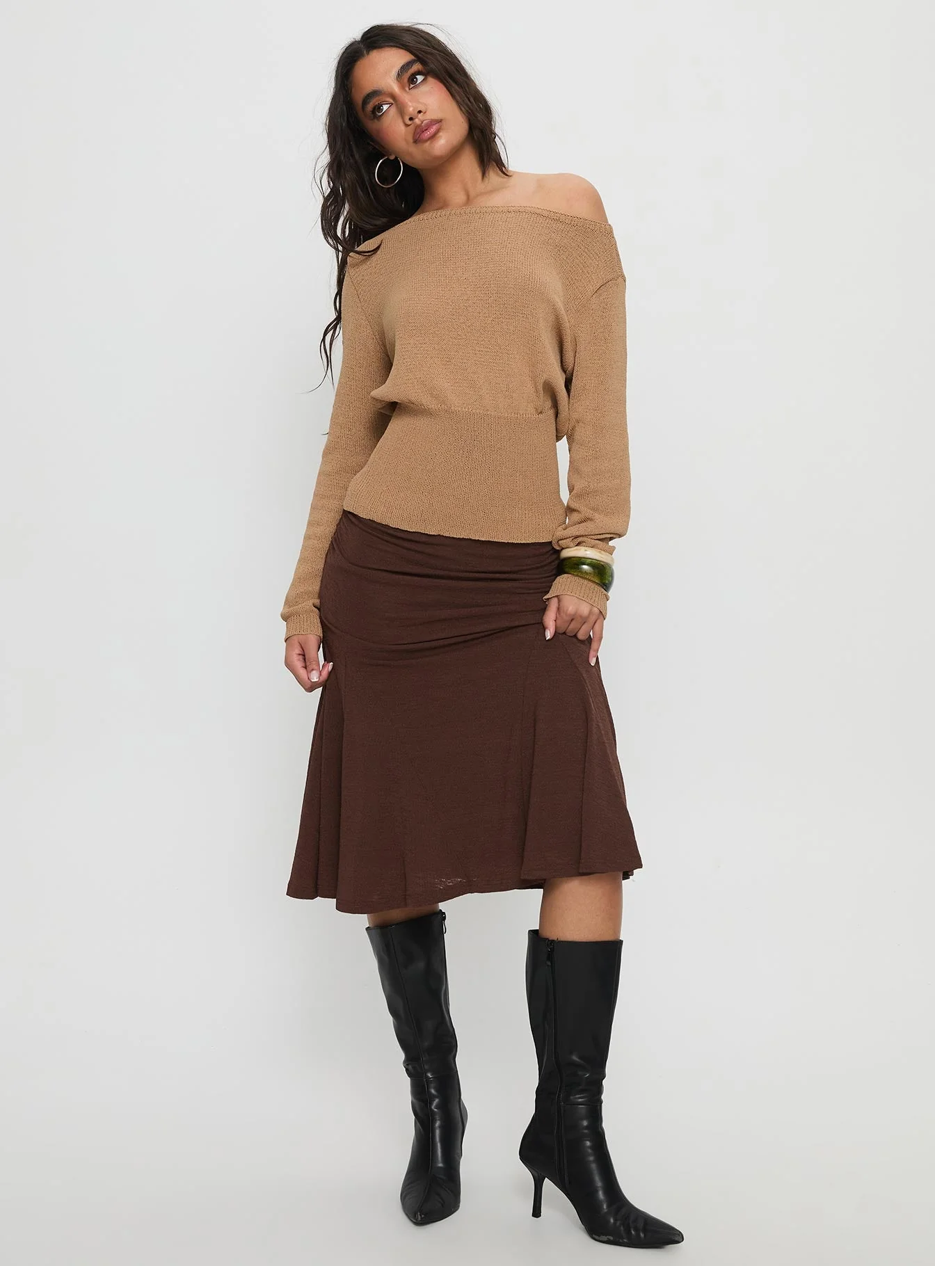 Xaria Off Shoulder Knit Jumper Tan - Image 3