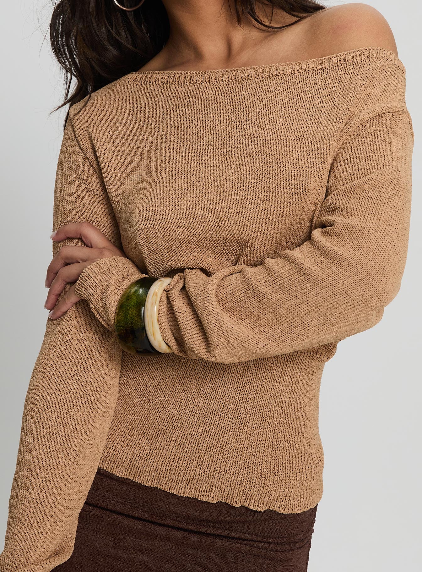 Xaria Off Shoulder Knit Jumper Tan - Image 6