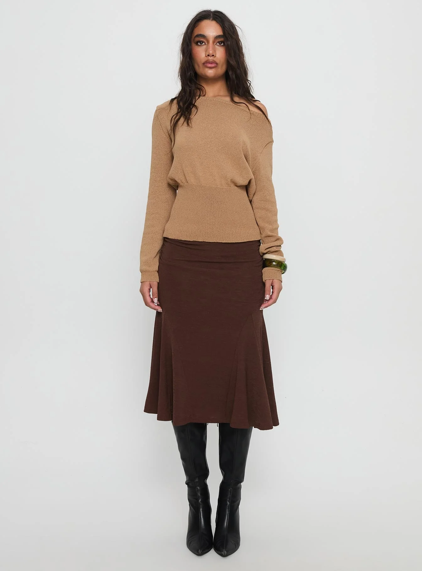 Xaria Off Shoulder Knit Jumper Tan - Image 7