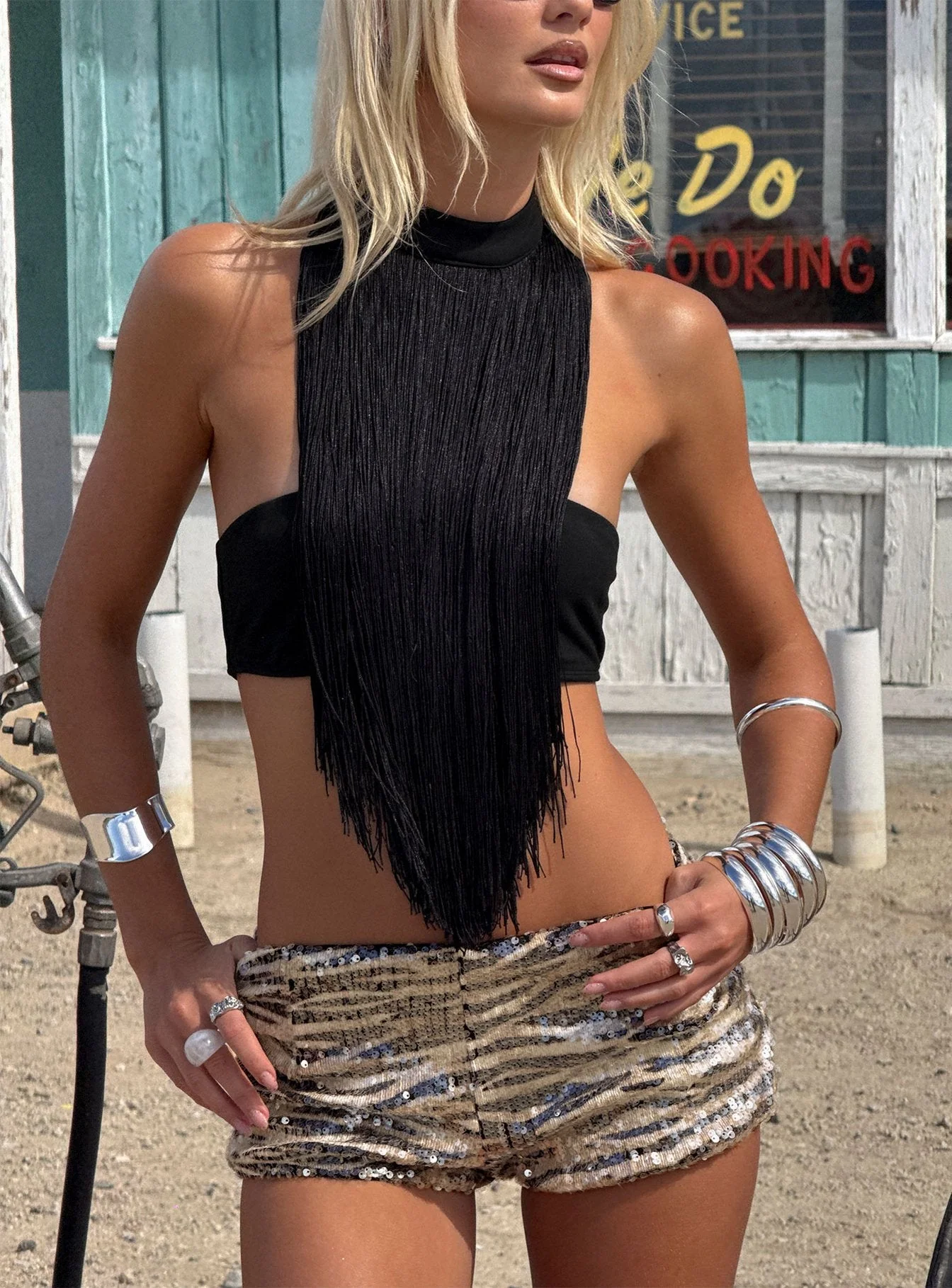 Zephyrine Fringe Asymmetrical Halter Top Black - Image 11