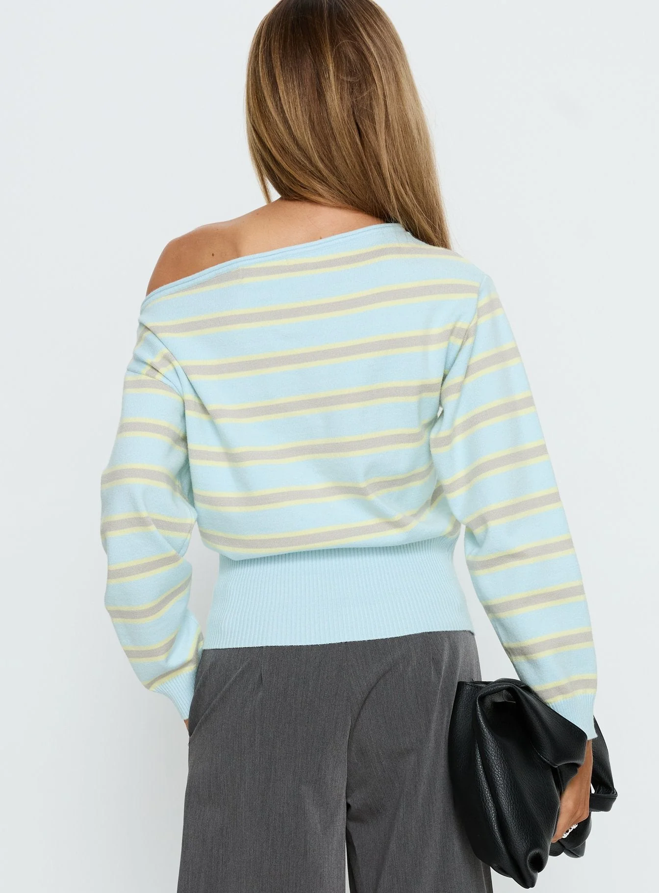 Zinia Off Shoulder Knit Jumper Grey / Blue Stripe - Image 5